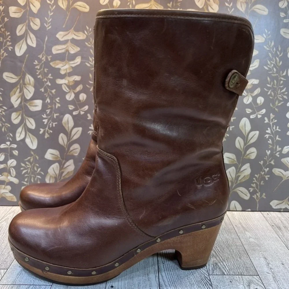 UGG Australia 1958‎ Brown Leather Fold Over Sheepskin Boots Womens sz 7 EU 38